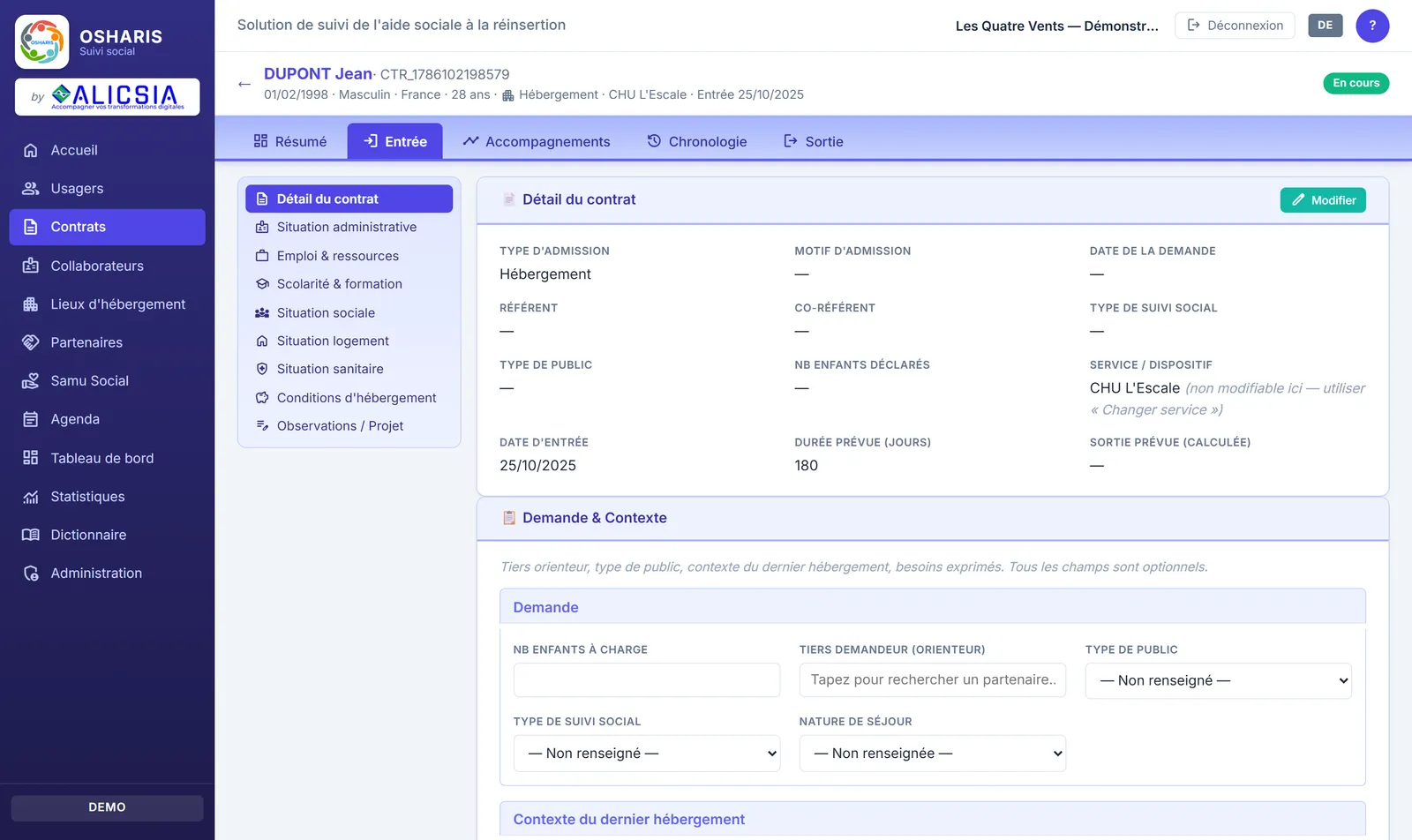 Fiche contrat : situation à l'entrée avec ses sous-menus thématiques