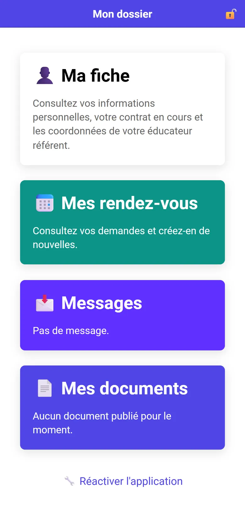 Application usager : accueil Mon dossier avec les menus