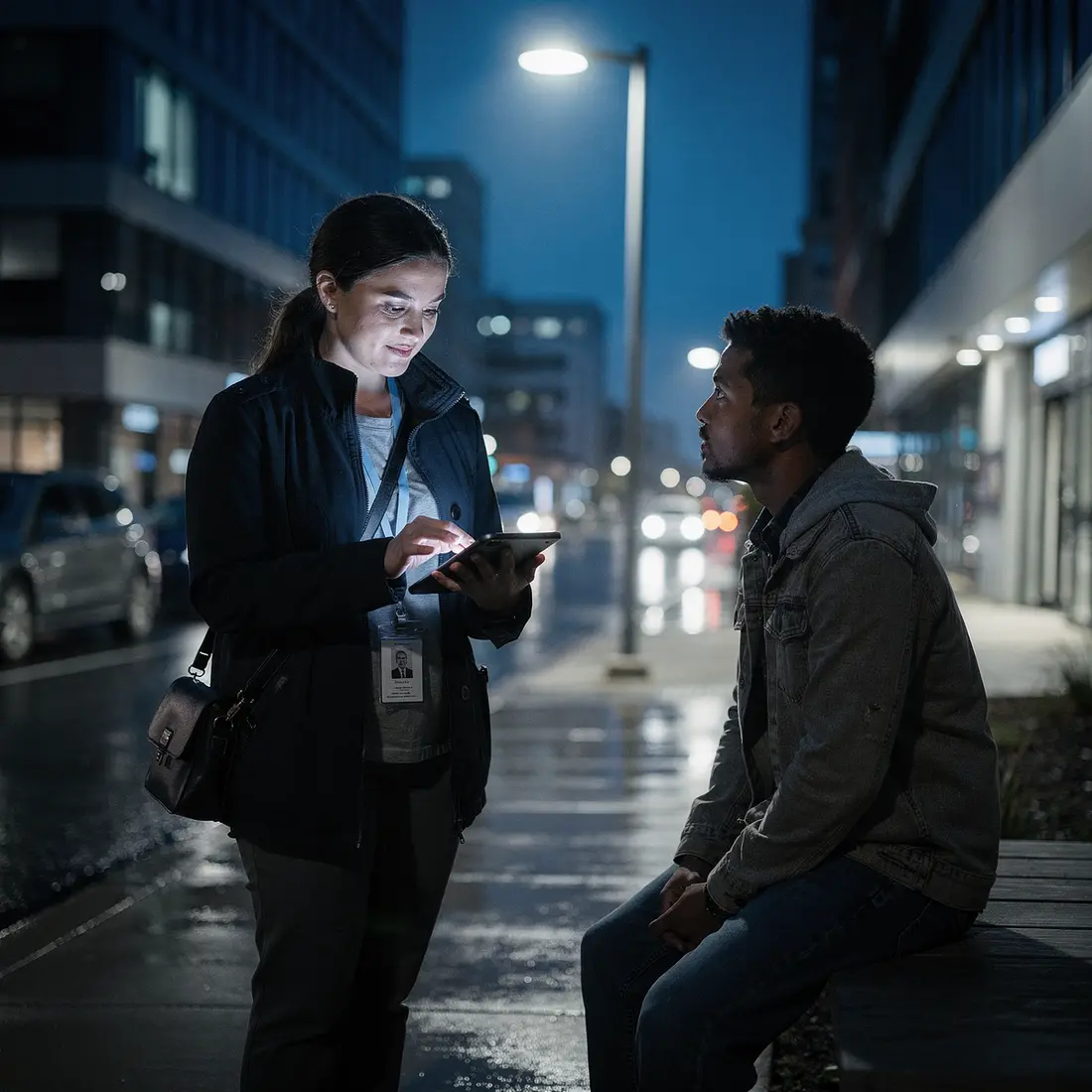 Travailleuse sociale en maraude avec sa tablette